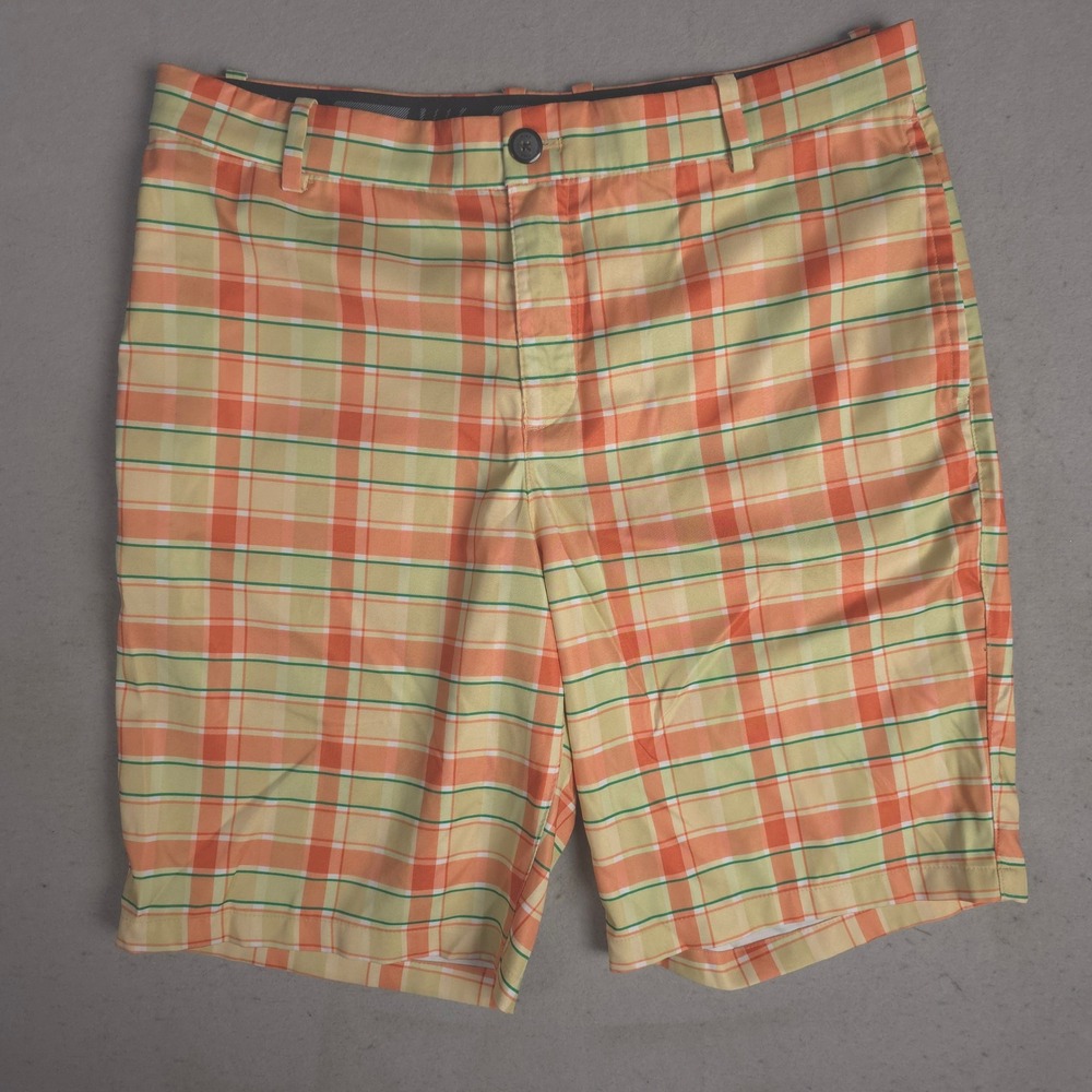 Nike Dri-FIT Golf Shorts‎ Mens Size 34 Plaid Orange Green Athletic Casual